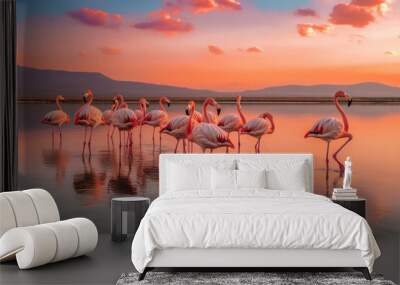 flamingo in the sunset on the lake with Ai Generated Wall mural