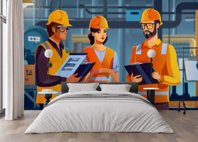 Industrial safety protocols and regulations aim to protect workers from occupational hazards such as chemical exposure, machinery accidents, and workplace injuries Wall mural