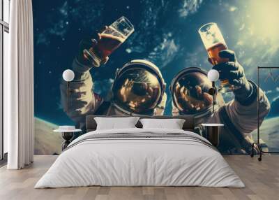 male and friend in space suits happily freedom holding craft beer bottle cheer on the moon Wall mural