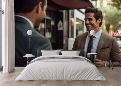 Male Mexicans wearing suit handsome and smile talking with friend holding coffee cup Wall mural