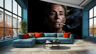 mature woman smoking face serious sad Wall mural