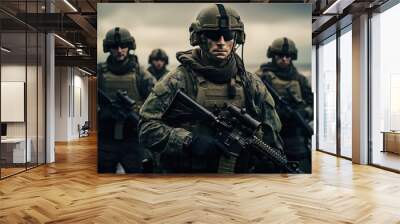 Navy SEALs team fighters, soldiers in full ammunition and camo uniform Wall mural