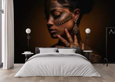 portrait of a person with a face henna tattoo Wall mural