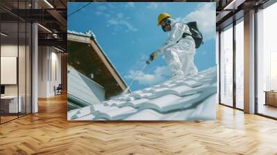 Technicians are spray-painting the roofs of houses white to cool down in the face of global warming Wall mural