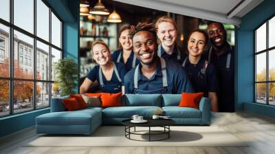 The barista team smile in uniform in the cafe Wall mural