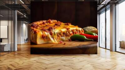 The pizza and pepper on a wooden board with Ai Generated Wall mural