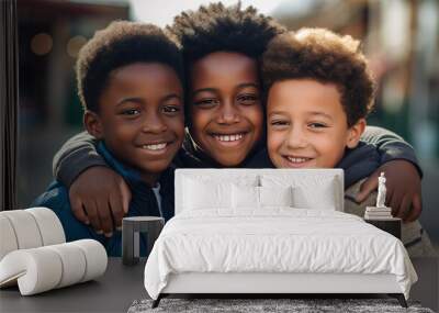 Three black boys hugged each other and smiled happily Wall mural