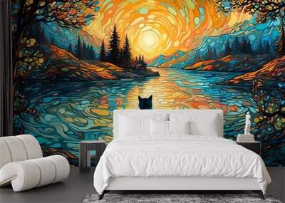 illustration of a cat on the shore of a lake looking at the sky Wall mural