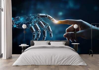 Artificial intelligence robot hand reaching out to touch the finger of human on a dark blue background, an AI and technology concept. Wall mural