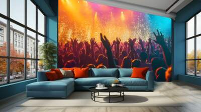 
Cheering crowd at a music festival,hands raised and dancing at a music festival.Music Festival,World Music Day Concept. Wall mural