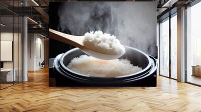 Cook hot jasmine rice in an electric rice cooker withrice ladle from electric rice cooker.Electric rice cooker, the method of cooking rice is easier than ever.Hot white steam rice with smoke.  Wall mural