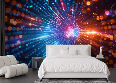 Digital background with glowing light particles forming an array of colors in the shape of a tunnel, representing data transfer and technology,symbolizing the speed and energy in information flow. Wall mural