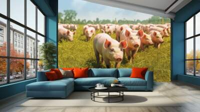 Flock of pigs in a green meadow on a sunny day.Free range pig farming.The concept of ecological and organic food. Natural healthy food and organic farming concept. Wall mural