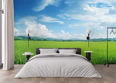 Green field and blue sky with clouds. Beautiful  3d rendering nature background for copy space. Wall mural