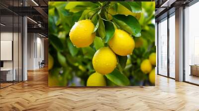 Lemon tree with yellow lemons on the branch in lemon farm field,selective focus.Healthy food concept,organic fruits and vegetables. Wall mural