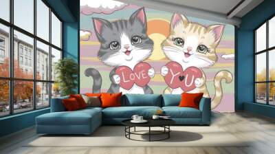 adorable kawaii style illustration two cute kittens, holding hearts with love joyful, sweet and full of love, illustration Wall mural