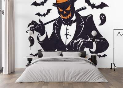 captivating vintage Halloween featuring a silhouette of a spooky, scary character with a top hat and cane.The text 