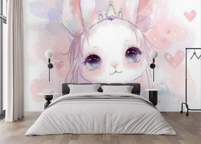 cute bunny rabbit princess dress and tiara, soft fluffy fur puffing out, in a pastel dreamy ethereal lighting featuring pink hearts, cute and adorable vector illustration Wall mural