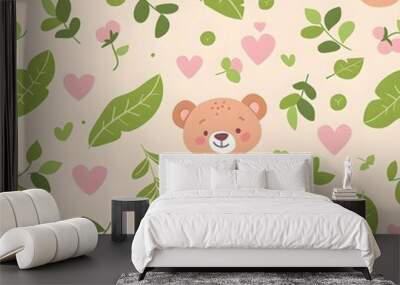 Cute pink bear face pattern with hearts and leaves, pastel colors, seamless design Wall mural