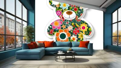 Cute teddy bear portrait with floral plant natural watercolor illustration clipart vector Wall mural