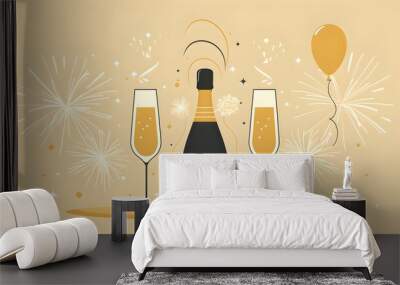 Gold New Year's celebration card or poster. The illustration Chinese New Year with fireworks, balloons, champagne celebration Wall mural