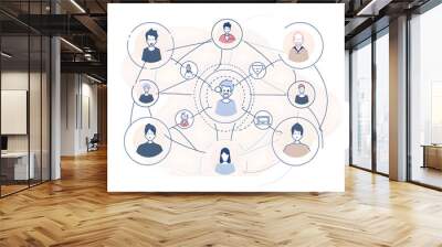 illustration of social network connections between people and their connections to each other. Circle shapes, corner in a blue text box. In a minimalist style and using vector graphics and flat design Wall mural