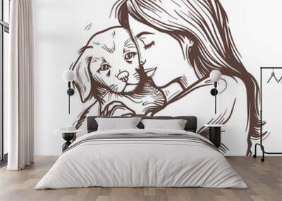 people girl woman hug cat and dog tighly with love illustration vector clipart Wall mural