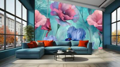 Seamless pattern of colorful flowers Including poppies and iris. The background is turquoise blue, flower petals, and the background wallpaper uses light pastel colors. Soft, sweet color Wall mural