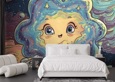 space background in pastel cartoon style Wall mural