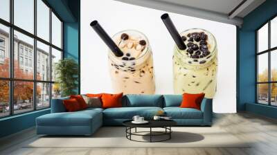 Two glass of drink Taiwan ice milk tea and Taiwan ice milk green tea with bubble boba on white background, Isolate drink in the glass. Wall mural