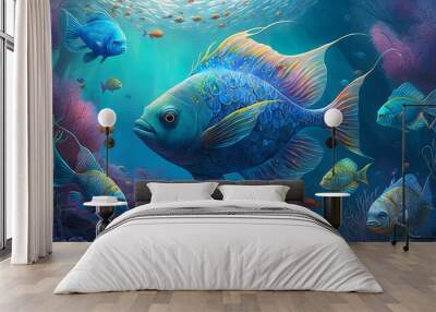 Rainbow fish school in a captivating underwater scene Wall mural