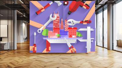 Flat design concept construction building tower with tools. Vector illustrate. Wall mural