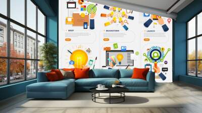 Flat design concept creative process start with brief, idea, brainstorm, launch and analysis. Vector illustrate. Wall mural