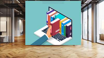 Flat design concept online books store. Hand pick book from internet device. Vector illustrate. Wall mural