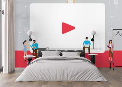 Flat design concept vlog. Team develop channel video online. Vector illustrate. Wall mural