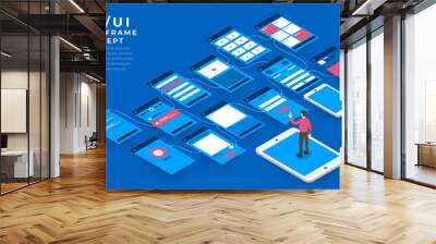 UX UI Flowchart. Mock-ups  mobile application concept isometric flat design. Vector illustration. Wall mural