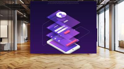 UX UI Flowchart. Mock-ups  mobile application concept isometric flat design. Vector illustration. Wall mural