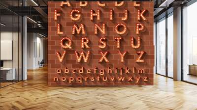 Vector illustration of realistic ball lamp alphabet for light board.Orange grow text on brick wall as background
 Wall mural