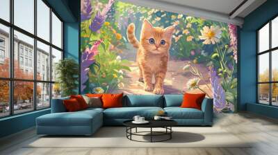 A cute cat in a beautiful garden. Children book illustration or book cover template with beautiful scenery 

 Wall mural