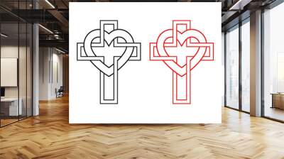 Intertwining of the heart and the Christian cross, vector symbol of faith and love to God. Christian symbol of love Wall mural