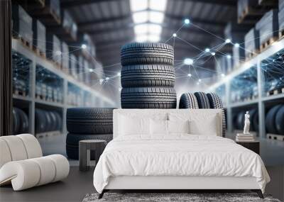 A row of tires on the floor in an auto parts warehouse. Car tires are on the rack in the store Wall mural