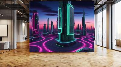 Cityscape on a colorful background with bright and glowing neon lights. Wide city front perspective view Wall mural