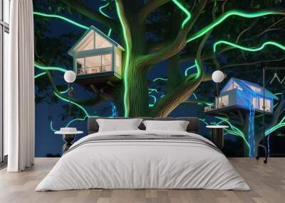 concept of network connection technology or big data, blue cyber polygon tree Wall mural