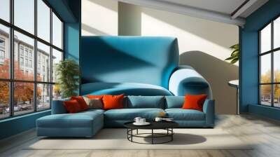 Home interior with blue armchair and sofa on empty wall background. interior design of modern living room Wall mural