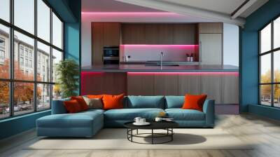 New kitchen in modern luxury home. Empty kitchen island with marble surface in foreground Wall mural