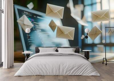 3D Laptop Render: Email Marketing Concept Flying envelopes and letters. Wall mural