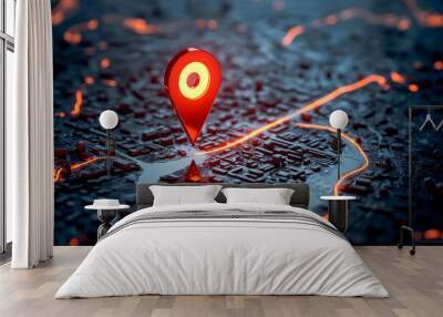 3D Location Pin Route Icon Symbolizing GPS Navigation with Road Marker and Target Concept for Travel and Global Positioning Wall mural