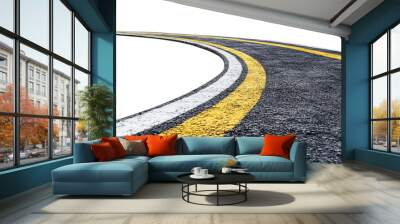 Clipping Path of Asphalt Road with Right Turn: Yellow and White Lane Markings on a Clean White Background Wall mural