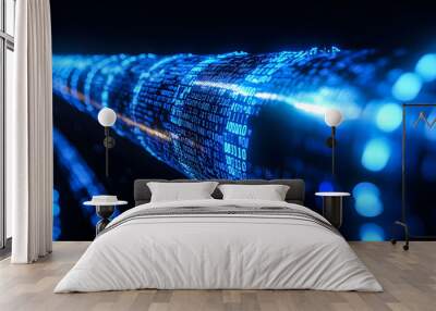 Digital Pipeline Shape Vibrant blue matrix binary code Isolated on black background. Wall mural