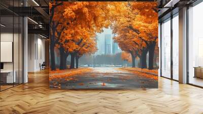 
Empty autumn road covered with fallen leaves and trees forest with orange foliage Wall mural